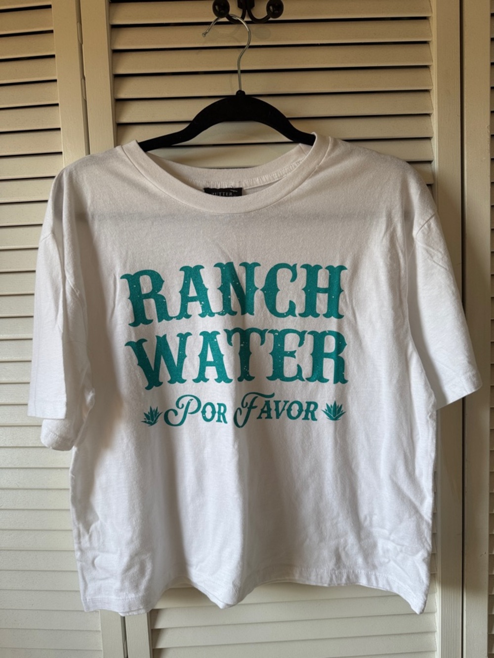 White Crop Top with Teal 'Ranch Water Por Favor' Graphic